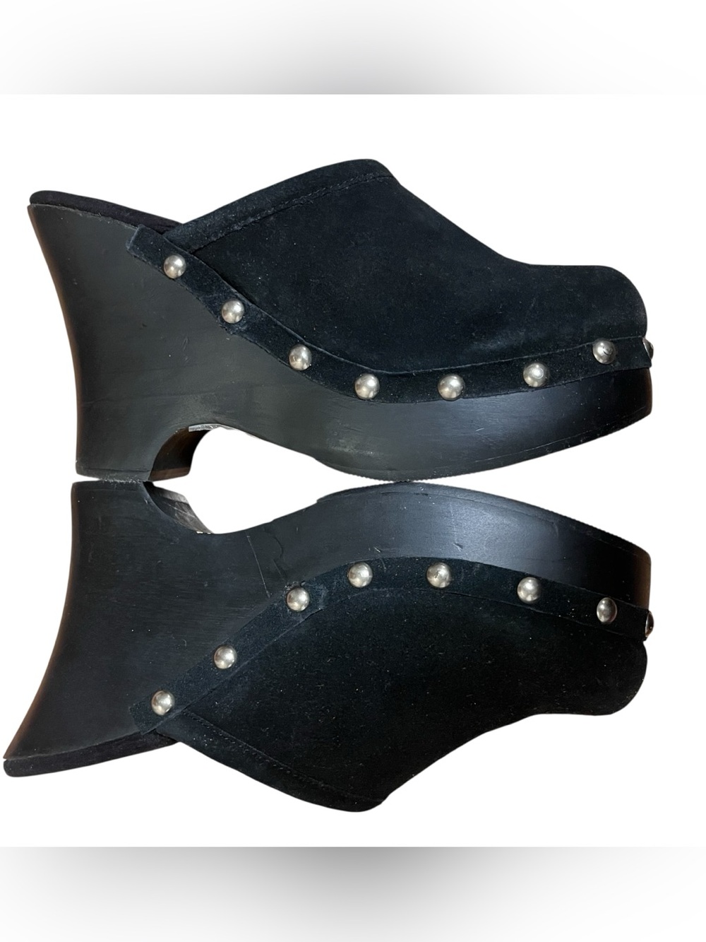 Delicious Black Suede Studded Platform Clogs Mule Heels Size 7 Y2K Grunge Boho